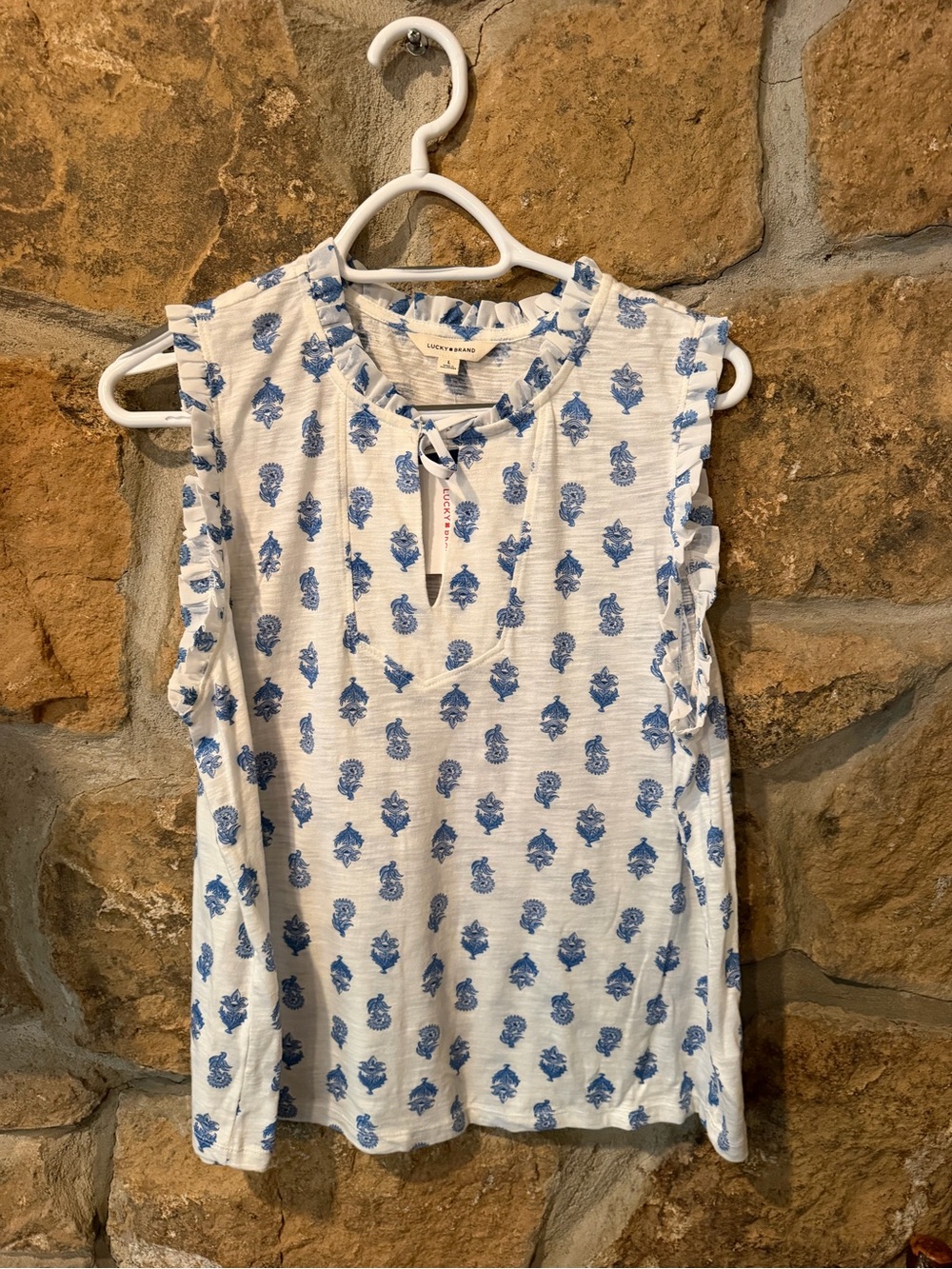 Lucky Brand White Sleeveless Top with Blue Floral Print